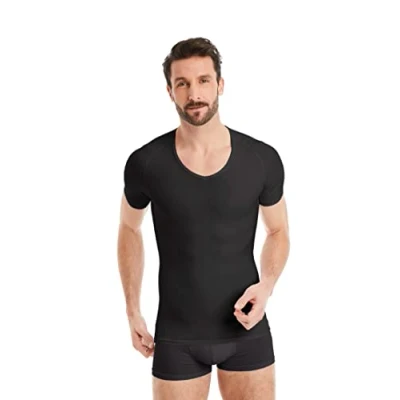 Afbeelding van FINN Figuurvormend compressieshirt voor heren, met buikweg effect, korte mouwen, shapewear, onderhemd van katoen, body shaper een platte buik, zwart, 4XL