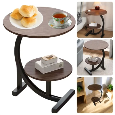 Afbeelding van Cheqo® Bijzettafel Hout Metaal Salontafel Dubbel Tafelblad Bruin Moderne Sidetable Woonkamer