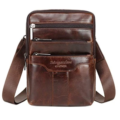 Afbeelding van Lederen schoudertas voor mannen Reizen Zakelijk Klein Crossbody pakket Portemonnee Telefoonzakje Purse Pocket Dagrugzak