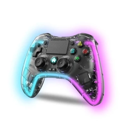 Afbeelding van NK controller voor PS4/pc/Android draadloze met 2 shock, 6 assen, macro toetsen, 7 led lichtmodi, touchpad, hoofdtelefooningang, oplaadkabel inbegrepen, zwart transparant