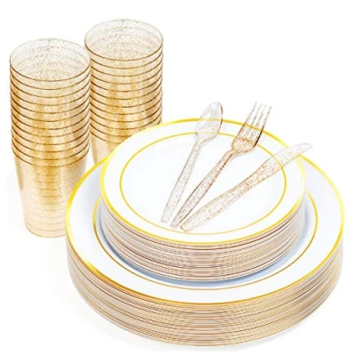 Afbeelding van MATANA 150 delig Plastic Feestservies 50 Witte Feestborden met Gouden Rand (2 Maten), 25 Lepels, Vorken, Messen, Feestbekers Bruiloften en Verjaardagen