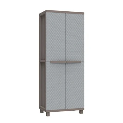 Afbeelding van Terry, Jrattan 368, buitenkast met 2 deuren, rotan effect, binnenruimte 4 etages. Materiaal: kunststof, afmetingen: 68 x 37,5 170 cm
