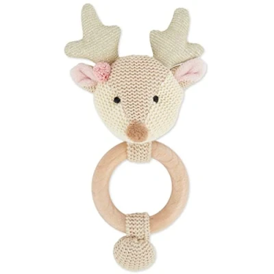 Afbeelding van Bieco houten grijpling baby rammelaar, diameter 10 cm, lengte 17 schattige hert babyrammelaar katoen met ring, babygrijpling rammelaar voor jongens en meisjes, hert, stoffen