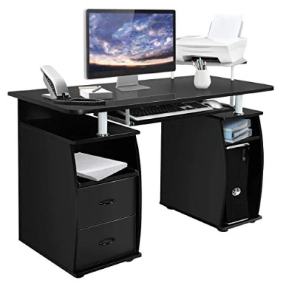 Afbeelding van COSTWAY Computertafel, bureau, werktafel, pc tafel met toetsenbordlade, printerplank, laden, kleur zwart
