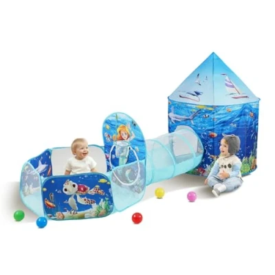 Afbeelding van VEVOR 3 in 1 speeltent voor kinderen met tunnel, basketbalkorf jongens, meisjes, baby&#039;s en peuters, pop up speelhuis binnen buiten draagtas spanbanden, verjaardagscadeaus
