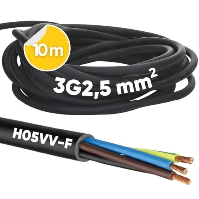 Afbeelding van Kalitec H05VV F slangkabel, 3 x 2,5 mm², stroomkabel 3G2,5 mm² met beschermende ladder, pvc kabel voor binnen, elektrische kabel, lampkabel, flexibel, apparaatkabel, aderig