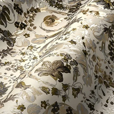Afbeelding van SATIJN GLANZENDE KLASSIEKE BLOEMEN BEHANG Design parelbeige wit bruin A.S. Création Versace 5