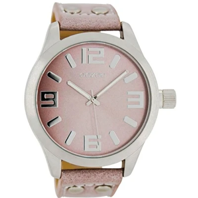 Afbeelding van Oozoo Polshorloge Basic Line met klinknagels leren band 47 mm diameter in verschillende kleurvarianten, C1058 rozegrijs/roze grijs, Riemen.
