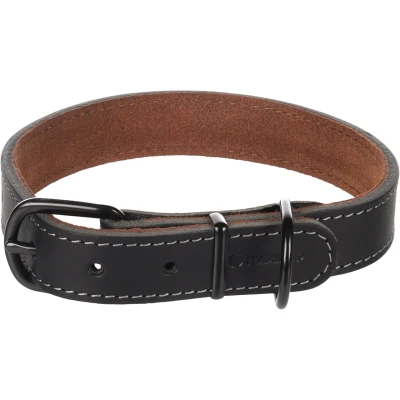 Afbeelding van Flamingo Montana halsband zwart leer M/L 38,5 48,5 cm x 25 mm met klinknagels en gesp heeft een zwarte glanzende afwerking