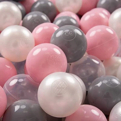 Afbeelding van KiddyMoon 100 ∅ 7cm kinderballen speelballen voor ballenbad baby plastic ballen made in eu, parel/grijs/transparant/poederroze