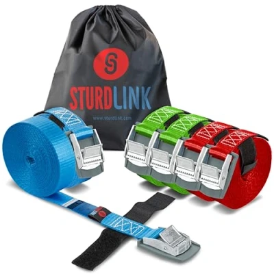 Afbeelding van STURDLINK 6 spanbanden 25 mm, 250 daN met klemgesp en bevestiging, 2x3 m 2x4 2x5 + tas, voor bevestiging vastmaken aan fietsendrager, kofferbak imperiaal van auto, aanhangers, verhuizingen