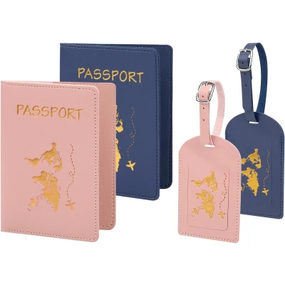 Afbeelding van Étui pour passeport et étiquette de bagage, 2 étuis en cuir idéal comme cadeau lune miel hommes femmes (bleu foncé + rose)