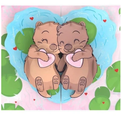 Afbeelding van MOKIO® Pop Up Kaart Verliefde otters 3D cadeaukaart voor een verjaardag of jubileum, romantische &quot;Ik hou van je&quot; wenskaart met die elkaars hand vasthouden