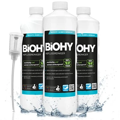 Afbeelding van BiOHY Afvoerreiniger (3 x 1l Fles) + doseerder verwijdert moeiteloos haren Biologisch concentraat voor keuken &amp; badkamer alle hardnekkige verstoppingen en geuren (abflussreiniger)