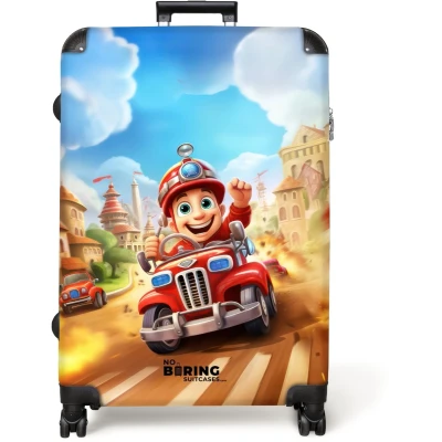 Afbeelding van NoBoringSuitcases.com® Koffer groot Reiskoffer lichtgewicht Brandweer Jongens Kinderen Auto Rolkoffer met 4 wielen Grote trolley XL 98 liter bagage