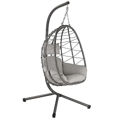 Afbeelding van HinHocker hangstoel met frame Grijs Hangschommel voor binnen en buiten Incl. kussens rieten stoel, terras, ei hangmand fauteuil, droomstoel