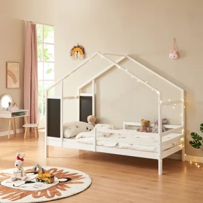 Afbeelding van Kinderbed Lorenskog houten huisbed met valbescherming 200x90 cm wit [en.casa]