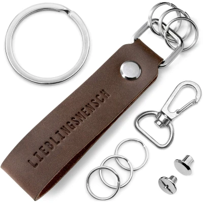 Afbeelding van FABACH Leren sleutelhanger met verwisselbare sleutelring in geschenkdoos, voor beste vriendin en partner lievelingsmensch gravure,