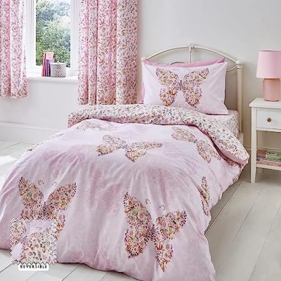 Afbeelding van Catherine Lansfield Enchanted Butterfly omkeerbare eenpersoons dekbedovertrek set met kussensloop roze