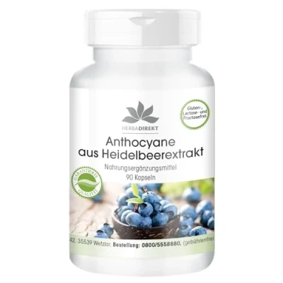 Afbeelding van Anthocyanen uit bosbessenextract 25% 90 capsules veganistisch HERBADIREKT by Warnke Vitalstoffe Duitse apothekerskwalitei