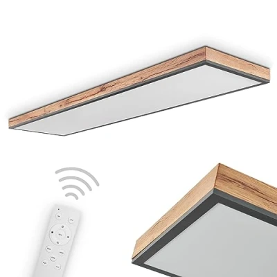 Afbeelding van Salmi Led plafondlamp van hout en metaal, zwart, plat lichtpaneel met kleurtint regelbaar afstandsbediening, 36 watt, 255 2250 lumen, 2700 6000 Kelvin