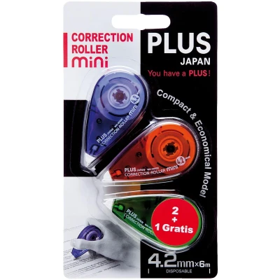 Afbeelding van PLUS Japan, Correctieroller Mini, verpakking van 3, kleurenmix, 6 m x 4,2 mm