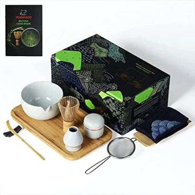 Afbeelding van TEANAGOO Japanse theeset met bamboeblad, Matcha gardeset, kom schenktuit, bamboe garde (chasen), schep (chashaku), gardehouder, theepoederblik. O3, luitenant grijs,