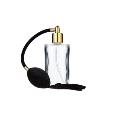 Afbeelding van Fantasia parfum flacon leeg 100 ml met bal verstuiverpomp, ovale helder glazen fles om zelf te vullen, verstuiver in goud, navulbaar voor ml, balpomp