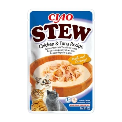Afbeelding van INABA Churu Stew Stoofpot voor katten, snacks recept kip/tonijn, rijke en romige onderscheidingen, granen, conserveringsmiddelen, kleurstoffen, weinig calorieën, 40 g