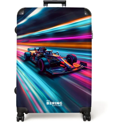 Afbeelding van NoBoringSuitcases.com® Koffer groot Reiskoffer lichtgewicht Formule 1 auto met kleurrijke lichtsporen Rolkoffer 4 wielen Grote trolley XL 98 liter bagage