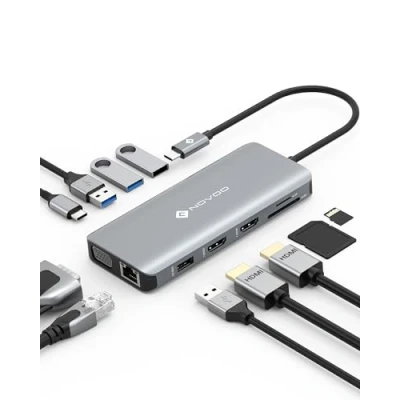 Afbeelding van NOVOO USB C Hub met 2 HDMI, 11 poorten Type Docking Station voor Laptop, RJ45 Gigabit Ethernet, 3.0, 2.0, VGA, 100W PD, SD/TF kaarten MacBook Pro/Air