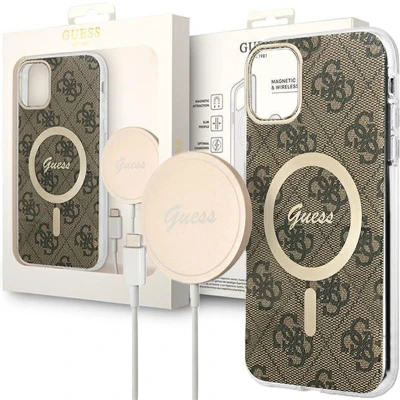 Afbeelding van Set Guess GUBPP13LH4EACSW Case+ Oplader iPhone 13 Pro bruin/bruin hardcase 4G Print MagSafe