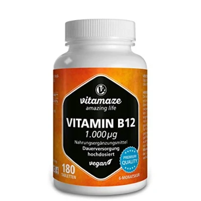 Afbeelding van Vitamine B12 1000 mcg Methylcobalamin Hoge Dosis, 180 Veganistische Tabletten, 6 Maand Voorraad, Supplement zonder Additieven, Made in Germany