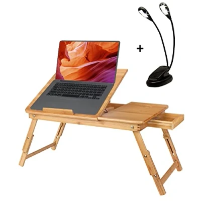 Afbeelding van Lenx 2 IN 1 Bedtafel/Laptopstandaard Inclusief Leeslampje 100% BAMBOE Laptoptafel Verstelbaar Bank tafeltje Laptop verhoger Ontbijt op Bed Bedtafeltje