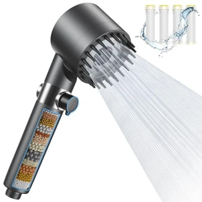 Afbeelding van douchekop met filter in 15 lagen, 3 straalsoorten, stopfunctie, hogedruk, ronde douche, waterbesparende douchekop, douchekoppen, handdouche voor het verwijderen van hard water