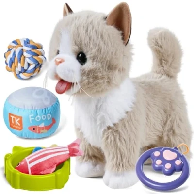 Afbeelding van TUMAMA Interactief kattenspeelgoed voor kinderen, knuffeldier, kittens met afstandsbediening, loop en blaft, pluche dier, elektronisch kitten, huisdier vanaf 3, 4, 5, 6 jaar, wandelen, miauwt, staart
