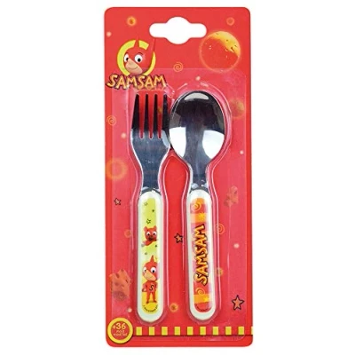 Afbeelding van JEMINI 005827 SAMSAM Bestekset, herbruikbaar, roestvrij staal, vork en lepel, 13,5 x 3 cm, voor kinderen, 2 stuks