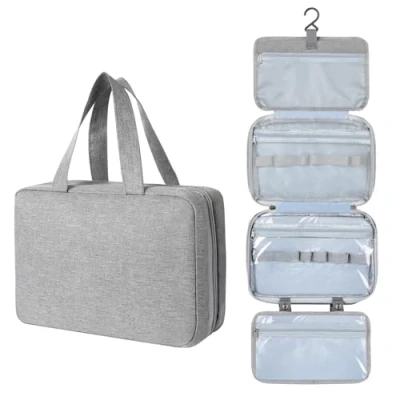 Afbeelding van AiQInu toilettas, opvouwbaar, grote reizen, Voor mannen en vrouwen, multifunctioneel, waterdicht, cosmeticatas, reisorganizer met haken, Grijs 4 vouw, thuis