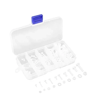 Afbeelding van Doos Met 150 Stuks Assortiment Bouten Schroeven Ronde Kop Volledig Schroefdraad Zeskantmoeren En Tussenringen In Wit Nylon M2 M2.5 M3 M4 M5