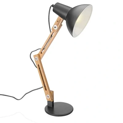 Afbeelding van Navaris bureaulamp Met houten standaard Design lamp Retro tafellamp In hoogte verstelbaar en kantelbaar E27 fitting Donkergrijs
