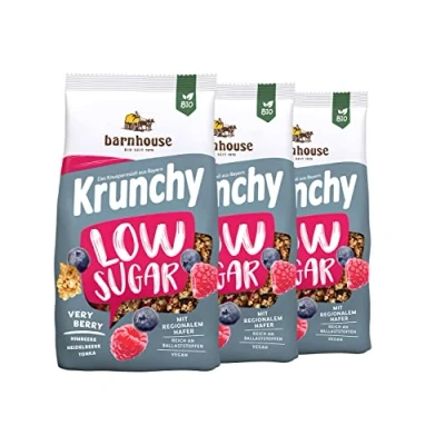 Afbeelding van Barnhouse Krunchy Low Sugar Very Berry, suikerarme biologische haver notenmuesli uit Beieren, met frambozen, bosbessen en tonka, 3 x 375 g
