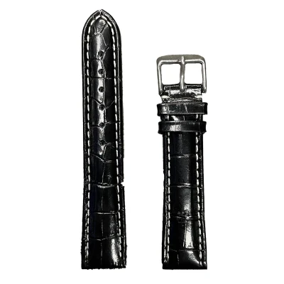 Afbeelding van Horlogeband 20mm Glans Zwart Echt leer in croco print Roestvrijstalen gesp