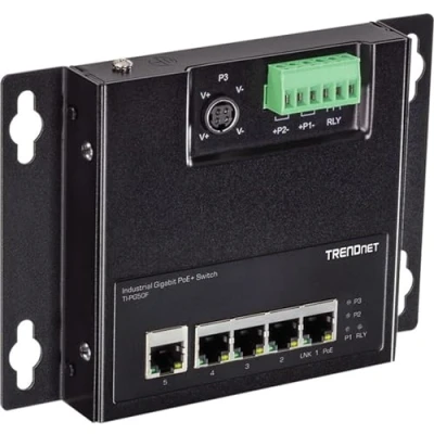 Afbeelding van TRENDnet TI PG50F Industriële Gigabit Poe+ schakelaar met 5 poorten voor wandmontage aan de voorkant, x poorten, DIN railmontage, 48 57 V DC vermogensingang, IP30, 120 W Poe budget