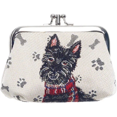 Afbeelding van Portemonnee Klip Luxe gobelinstof Scottie Schotse Terrier Zwart hondje Rode Tartan sjaal
