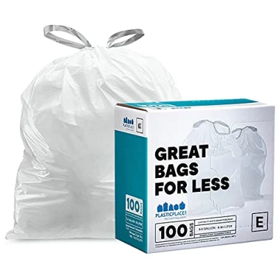 Afbeelding van Plasticplace Custom Fit Prullenzakken simplehuman (x) Code E Compatibel (100 Count) Wit Trekkoord Vuilnisvoeringen 5.2 Gallon/20 Liter 18.6 &quot;x 20&quot;