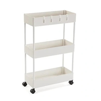 Afbeelding van Versa Skuvoy Bijkomend badkamermeubilair, met 3 legborden en wielen, Afmetingen (H x B H) 63,5 18 40 cm, ABS Plastic, Kleur Wit
