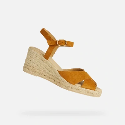 Afbeelding van Geox D Gelsa Sandalen met plateauzool, Dames, Maat: 41, Dark yellow Leer