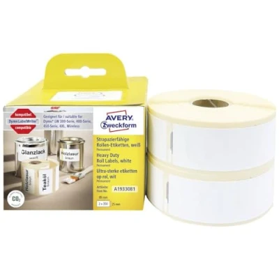 Afbeelding van AVERY Zweckform A1933081 Dymo LabelWriter weerbestendige etiketten, compatibel met 1933081, 25 x 89 mm, 2 rollen, 700 kunststof stickers, zelfklevend, voor LW labelprinter, labelapparaat