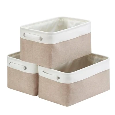 Afbeelding van Mangata Canvas Opbergdoos, 3 stuks, stoffen opbergmand met handgrepen voor kasten, planken, kleding, speelgoed (medium, opvouwbaar, licht kaki wit)