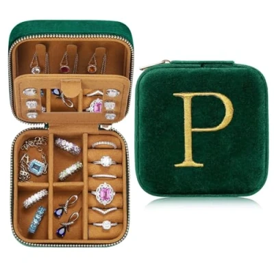 Afbeelding van Klein sieradendoosje met initialen en initialen, sieradenkistje, reisorganizer, geschenken voor dames meisjes, cadeaus Kerstmis, verjaardagen, bruiloften, bruidsmeisjes